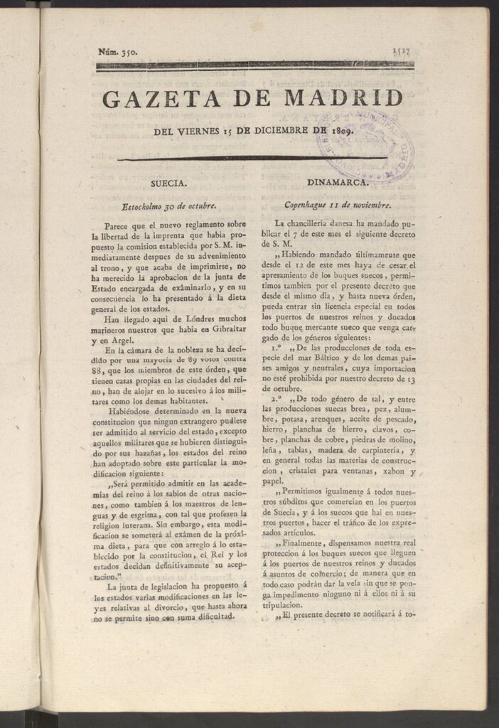 Miniatura de Gazeta de Madrid del 15 de diciembre de 1809