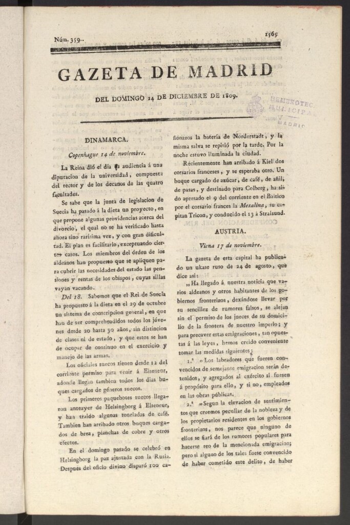 Miniatura de Gazeta de Madrid del 24 de diciembre de 1809