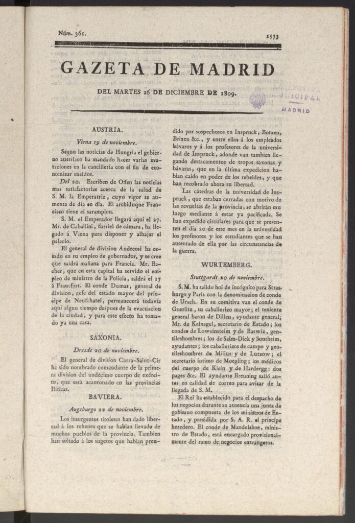 Miniatura de Gazeta de Madrid del 26 de diciembre de 1809