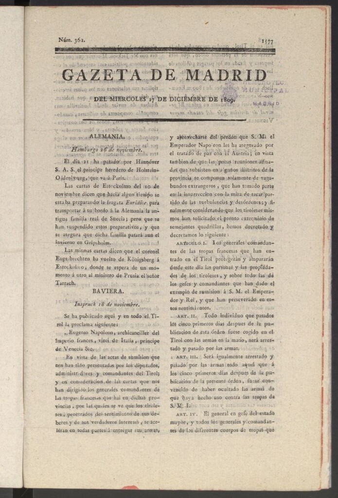Miniatura de Gazeta de Madrid del 27 de diciembre de 1809