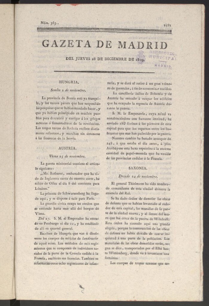 Miniatura de Gazeta de Madrid del 28 de diciembre de 1809