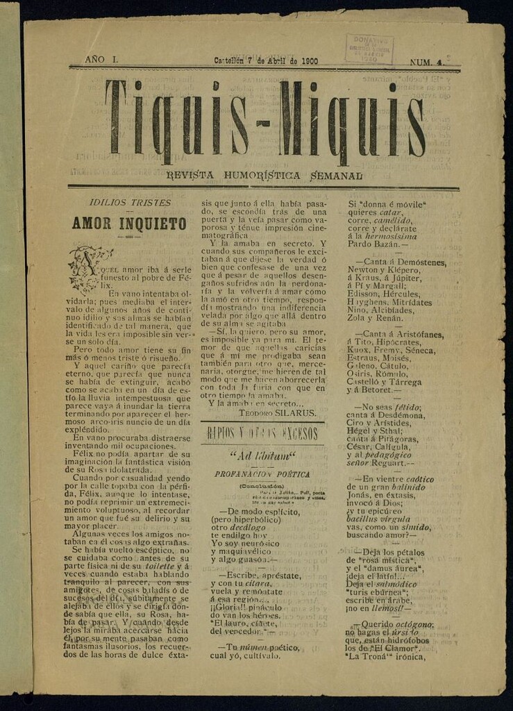 Miniatura de Tiquis-Miquis : revista humorística semanal del 7 de abril de 1900