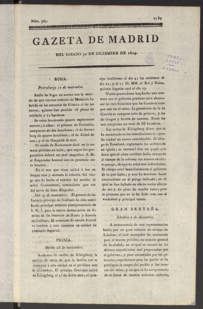 Miniatura de Gazeta de Madrid del 30 de diciembre de 1809