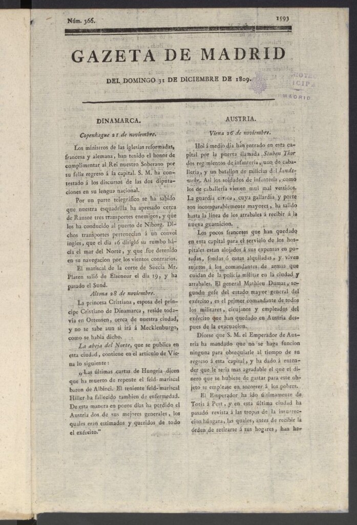 Miniatura de Gazeta de Madrid del 31 de diciembre de 1809