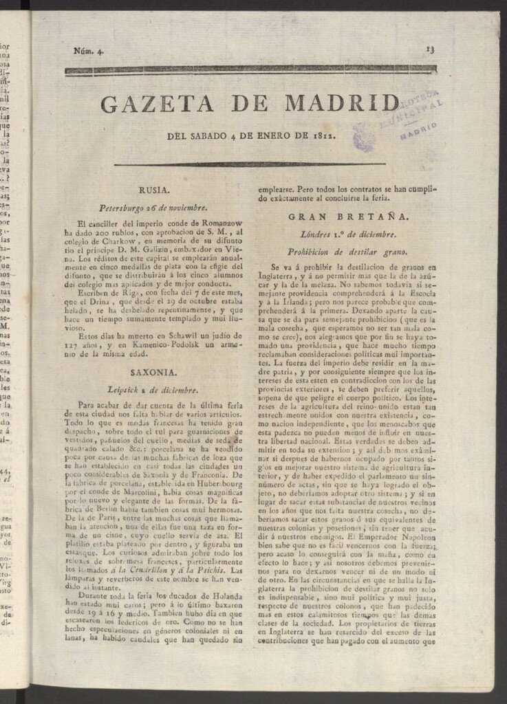 Miniatura de Gaceta de Madrid del 4 de enero de 1812