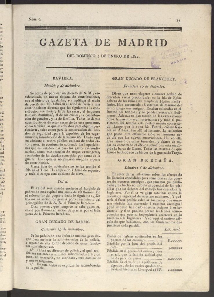 Miniatura de Gaceta de Madrid del 5 de enero de 1812