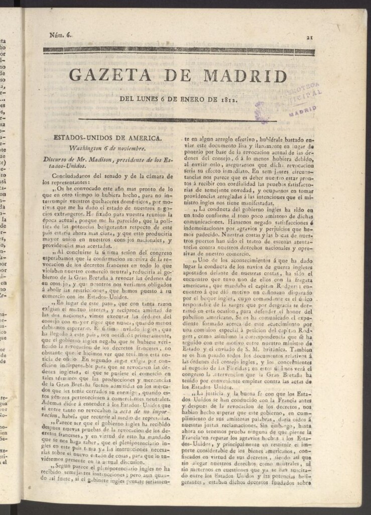 Miniatura de Gaceta de Madrid del 6 de enero de 1812