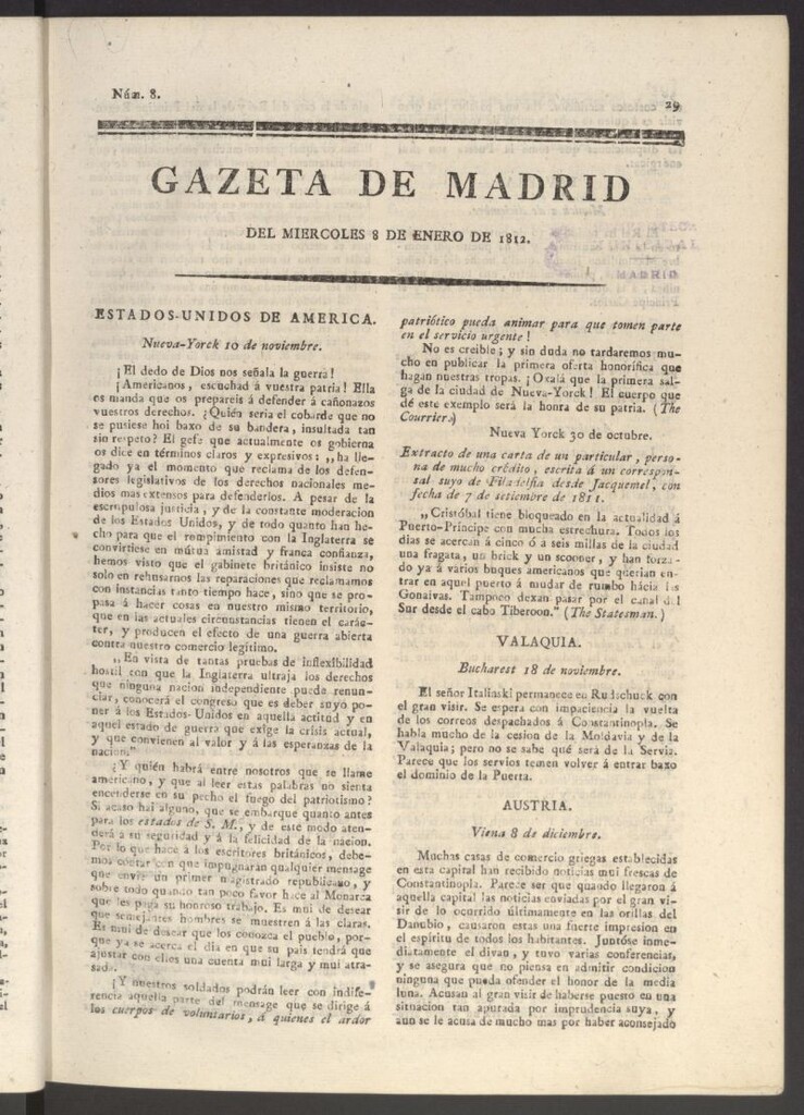 Miniatura de Gaceta de Madrid del 8 de enero de 1812