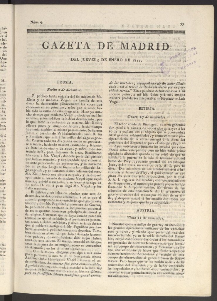 Miniatura de Gaceta de Madrid del 9 de enero de 1812