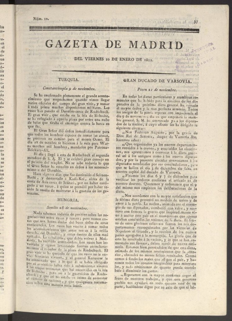 Miniatura de Gaceta de Madrid del 10 de enero de 1812