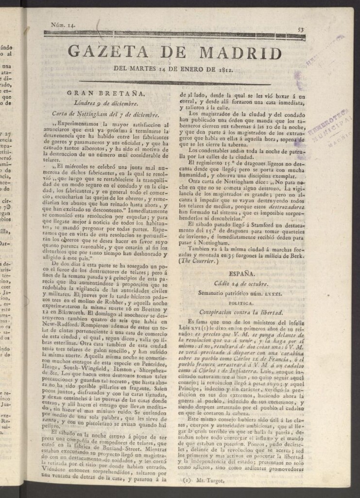 Miniatura de Gaceta de Madrid del 14 de enero de 1812
