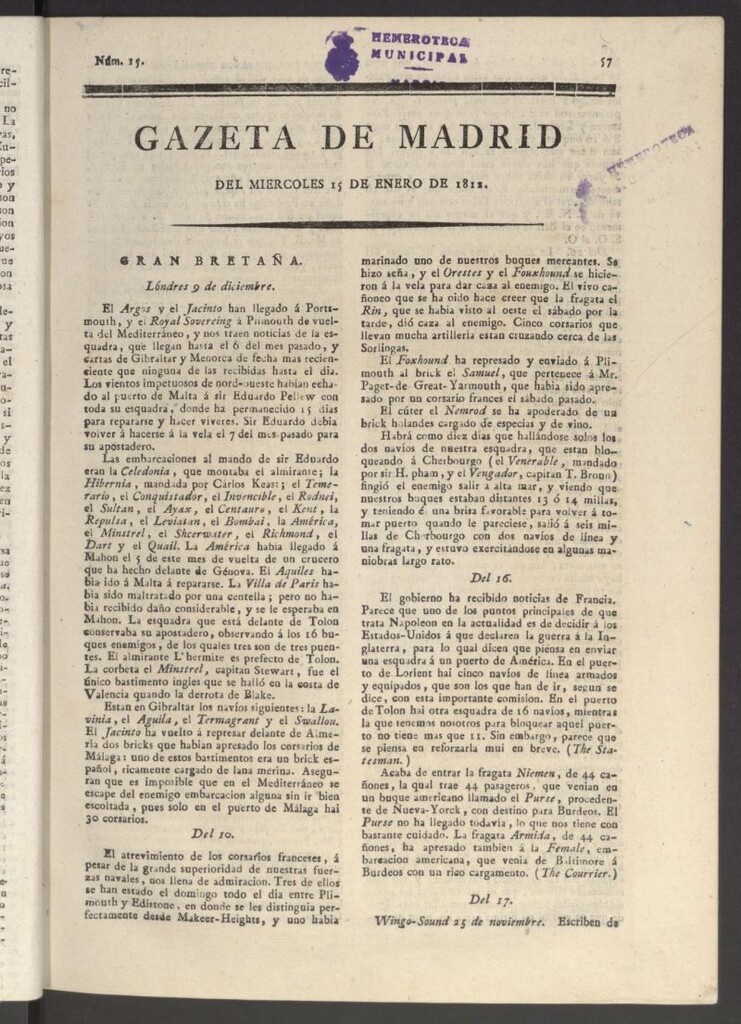 Miniatura de Gaceta de Madrid del 15 de enero de 1812