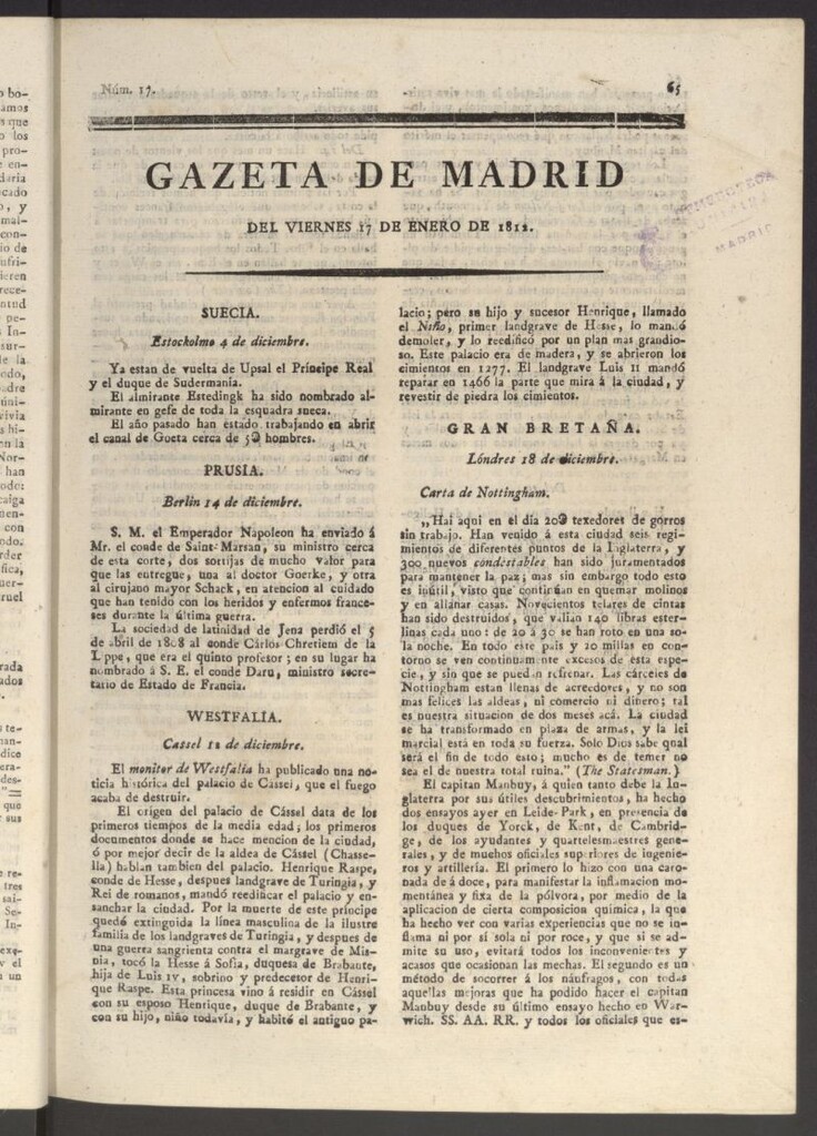Miniatura de Gaceta de Madrid del 17 de enero de 1812