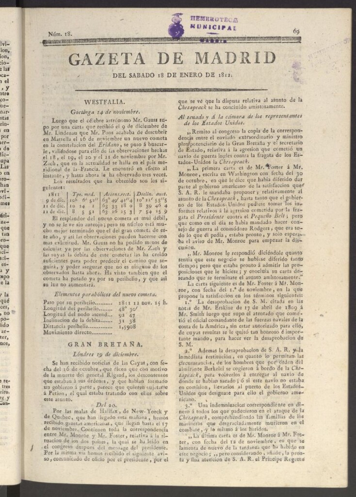 Miniatura de Gaceta de Madrid del 18 de enero de 1812