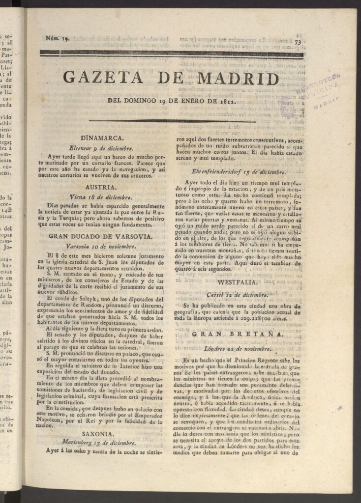 Miniatura de Gaceta de Madrid del 19 de enero de 1812