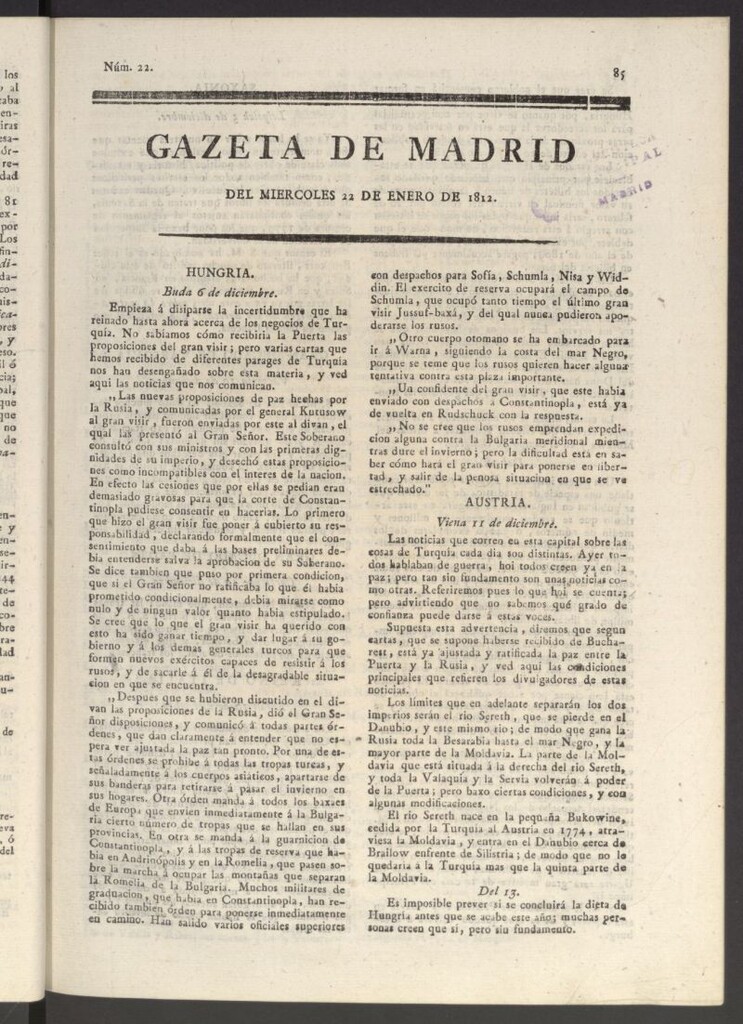 Miniatura de Gaceta de Madrid del 22 de enero de 1812