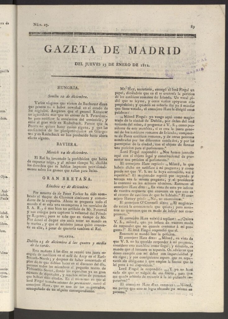 Miniatura de Gaceta de Madrid del 23 de enero de 1812