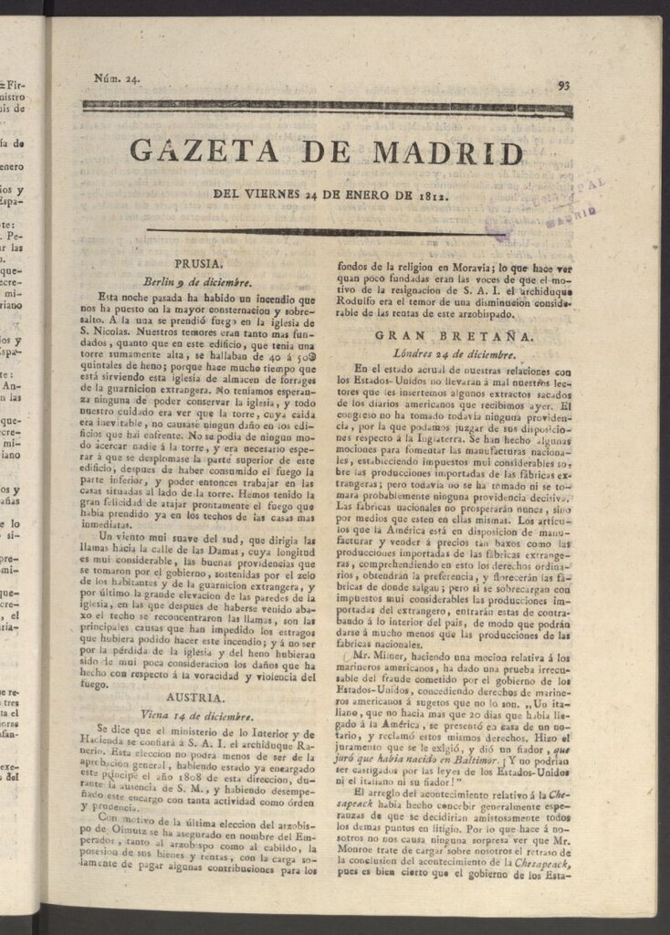 Miniatura de Gaceta de Madrid del 24 de enero de 1812