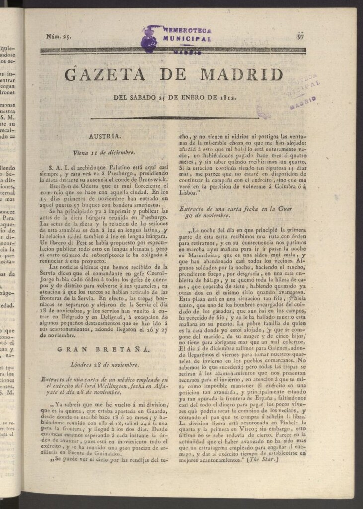 Miniatura de Gaceta de Madrid del 25 de enero de 1812
