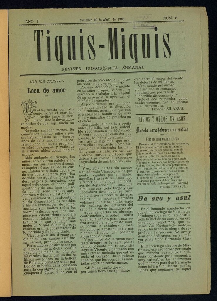 Miniatura de Tiquis-Miquis : revista humorística semanal del 28 de abril de 1900