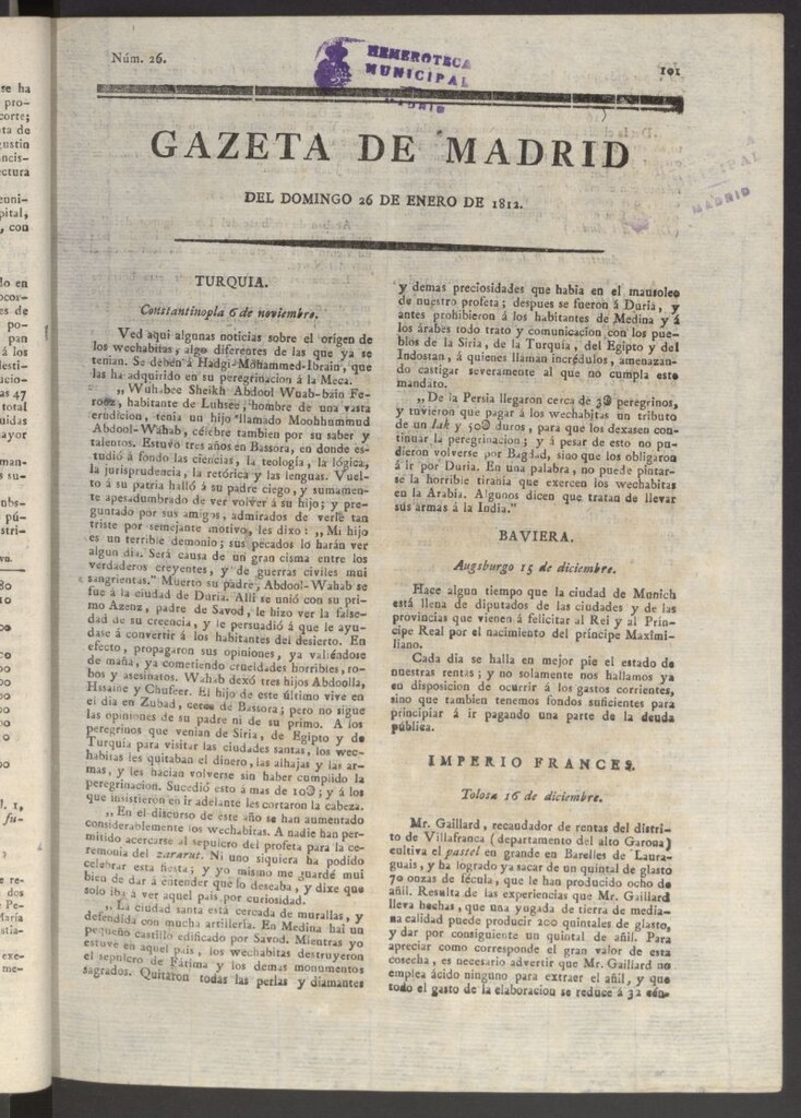 Miniatura de Gaceta de Madrid del 26 de enero de 1812