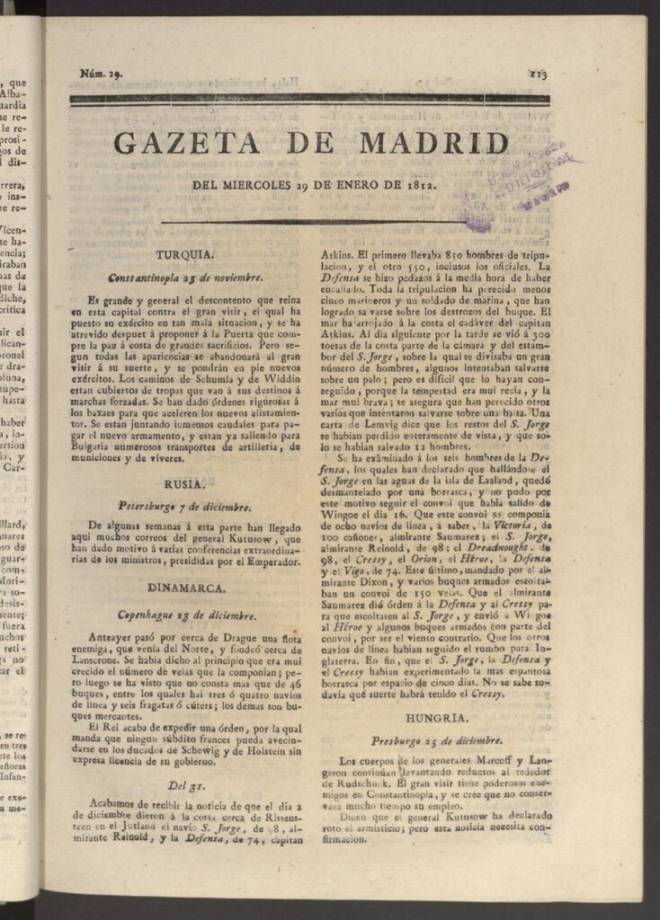 Miniatura de Gaceta de Madrid del 29 de enero de 1812