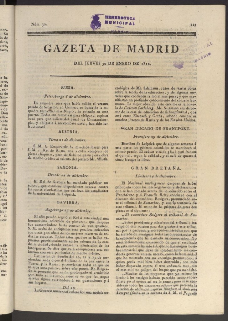 Miniatura de Gaceta de Madrid del 30 de enero de 1812