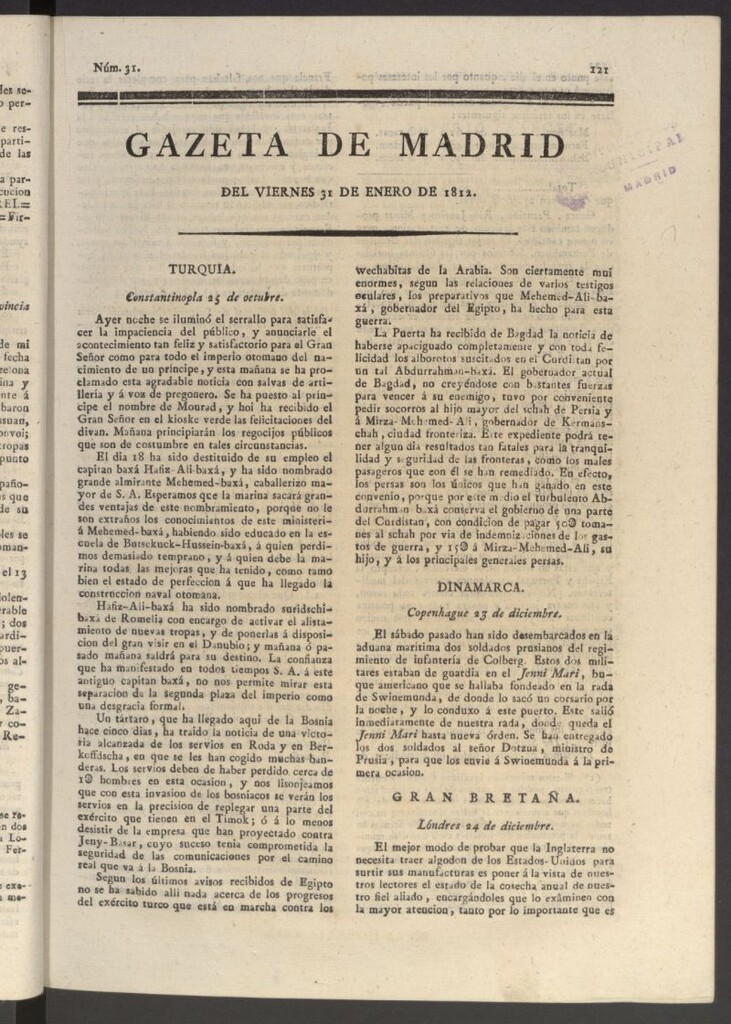 Miniatura de Gaceta de Madrid del 31 de enero de 1812