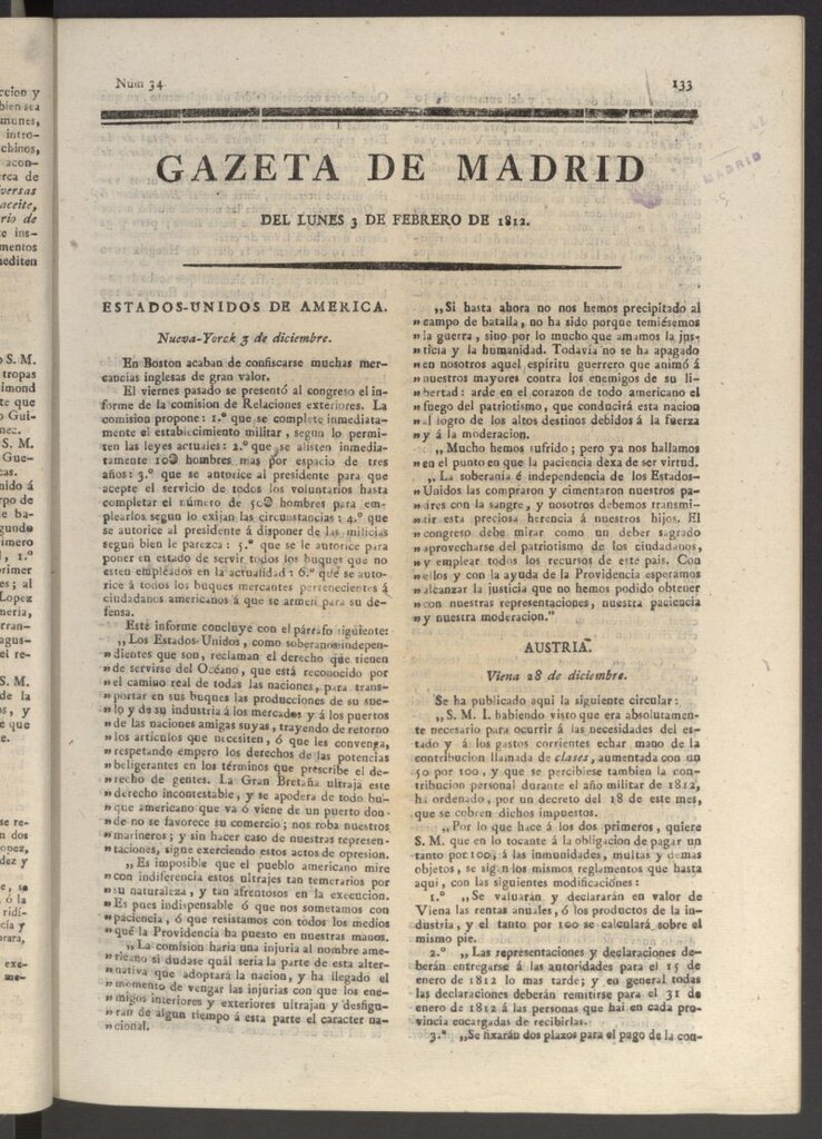 Miniatura de Gaceta de Madrid del 3 de febrero de 1812