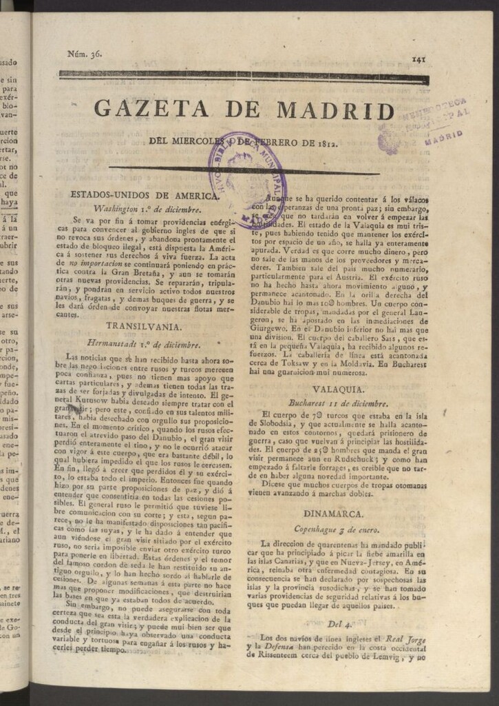 Miniatura de Gaceta de Madrid del 5 de febrero de 1812