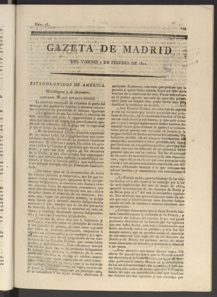 Miniatura de Gaceta de Madrid del 7 de febrero de 1812