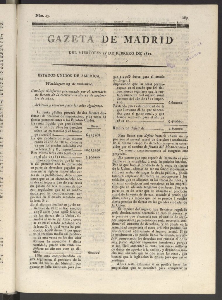 Miniatura de Gaceta de Madrid del 12 de febrero de 1812