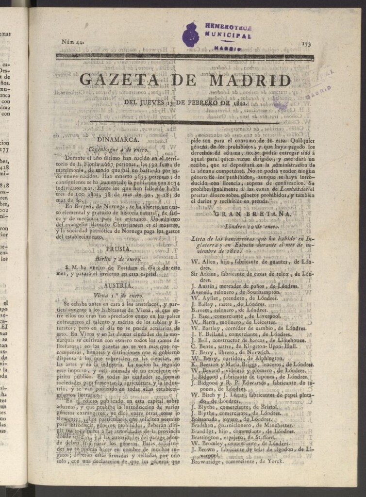 Miniatura de Gaceta de Madrid del 13 de febrero de 1812