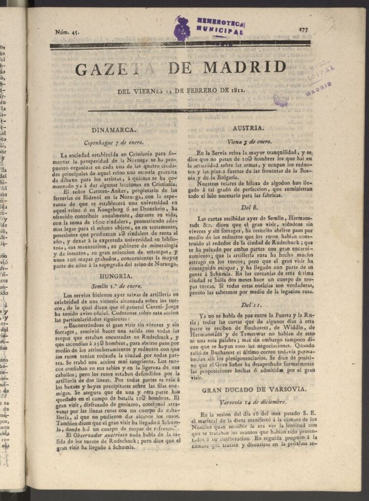 Miniatura de Gaceta de Madrid del 14 de febrero de 1812