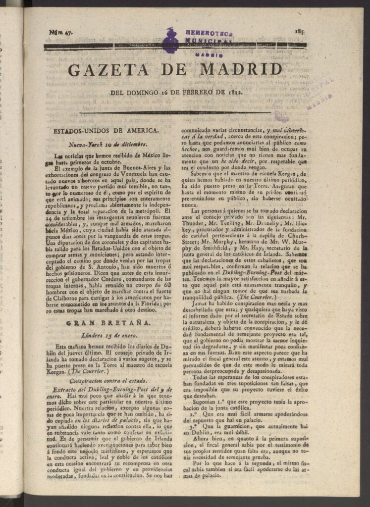 Miniatura de Gaceta de Madrid del 16 de febrero de 1812