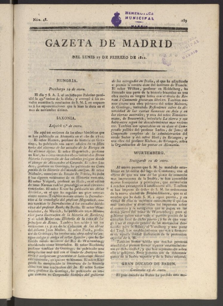 Miniatura de Gaceta de Madrid del 17 de febrero de 1812