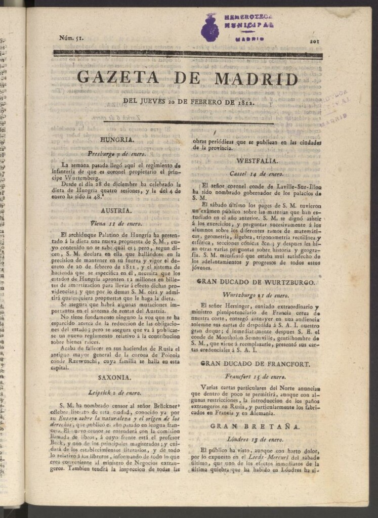 Miniatura de Gaceta de Madrid del 20 de febrero de 1812