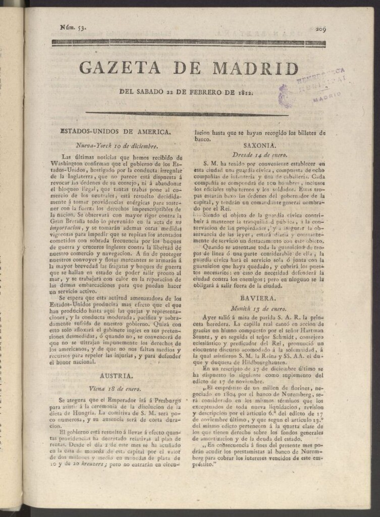 Miniatura de Gaceta de Madrid del 22 de febrero de 1812