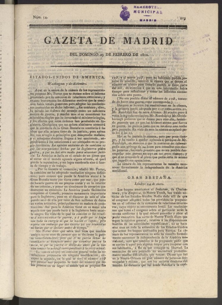 Miniatura de Gaceta de Madrid del 23 de febrero de 1812