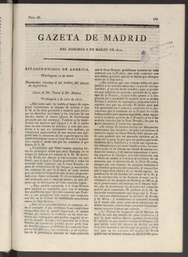 Miniatura de Gaceta de Madrid del 8 de marzo de 1812