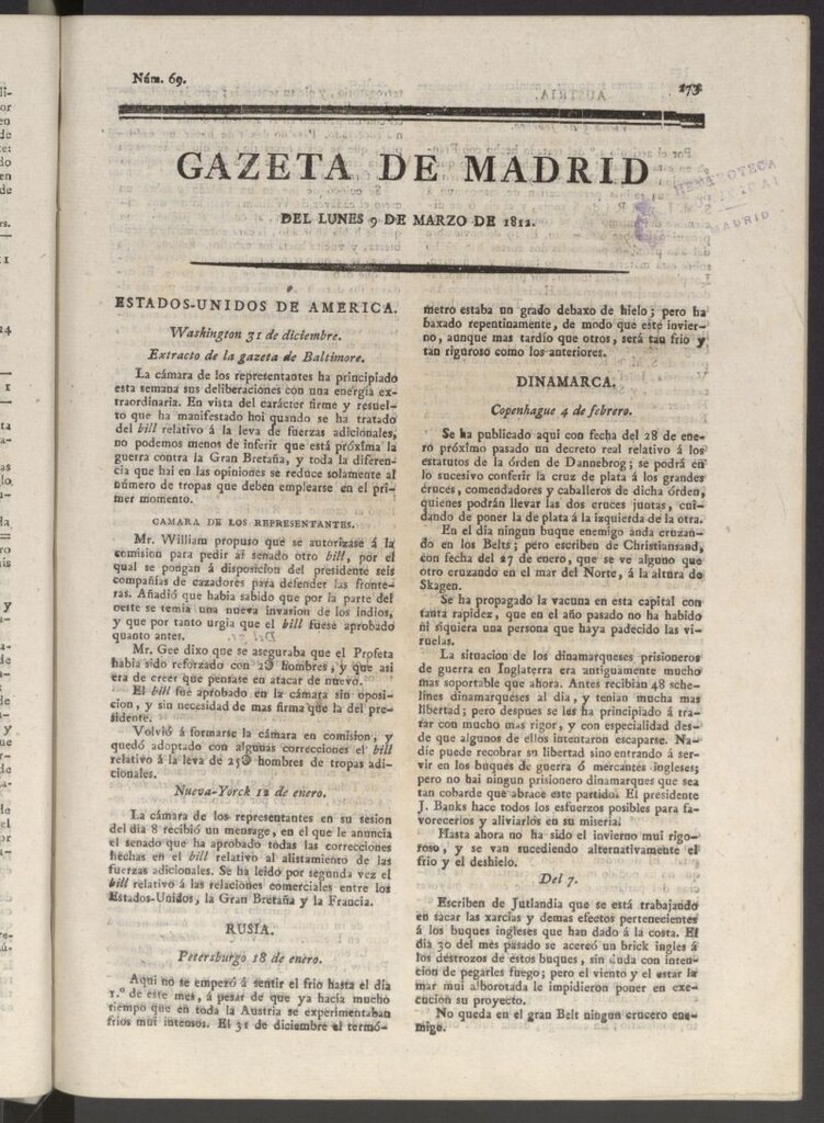 Miniatura de Gaceta de Madrid del 9 de marzo de 1812