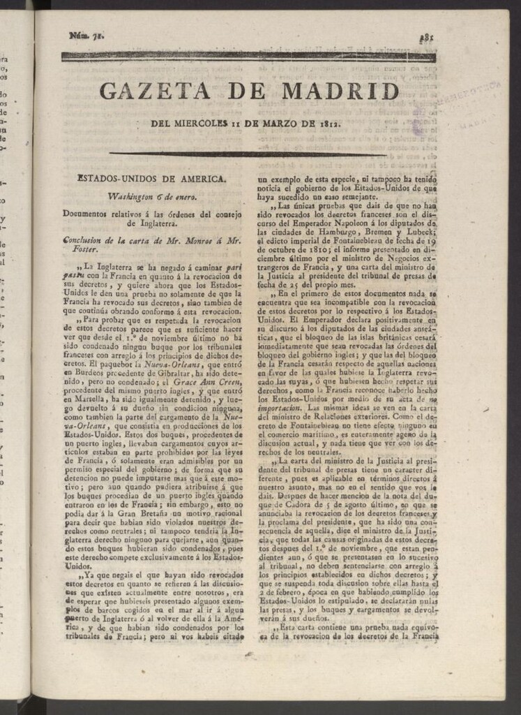 Miniatura de Gaceta de Madrid del 11 de marzo de 1812