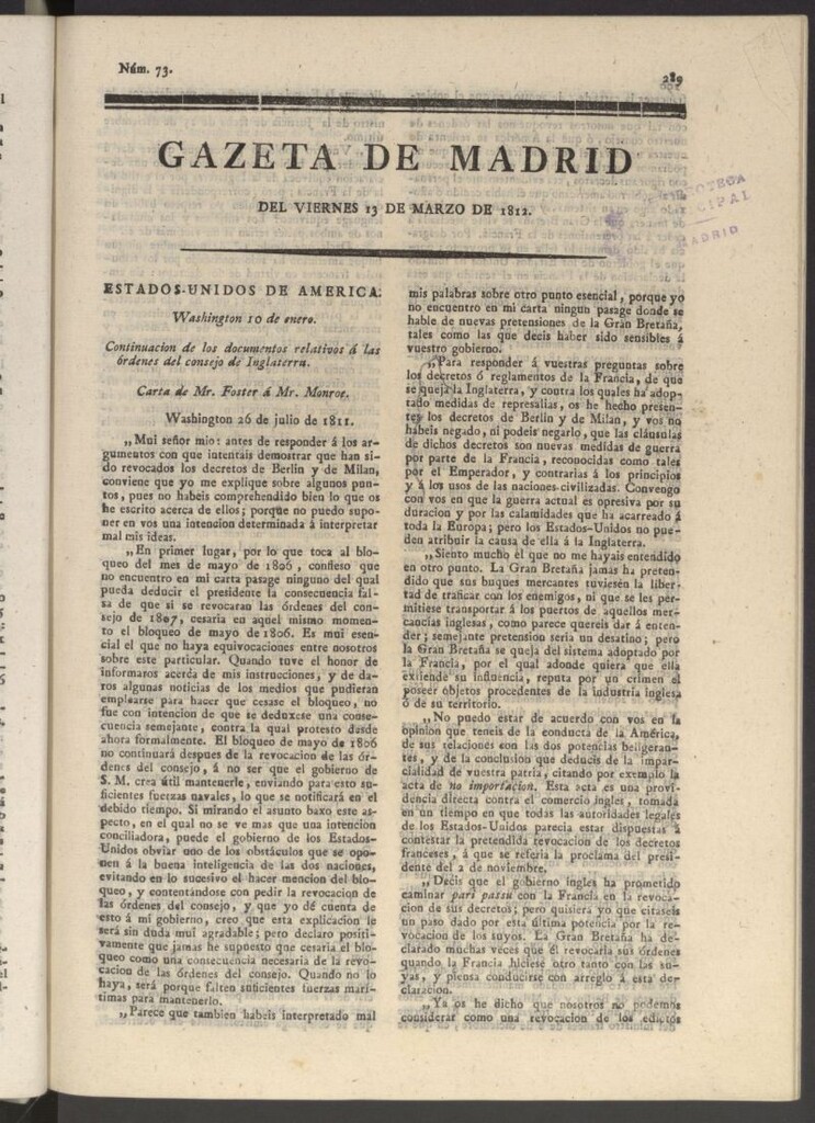 Miniatura de Gaceta de Madrid del 13 de marzo de 1812