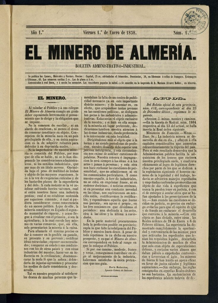 Miniatura de El Minero de Almería : boletín administrativo-industrial del 1 de enero de 1858