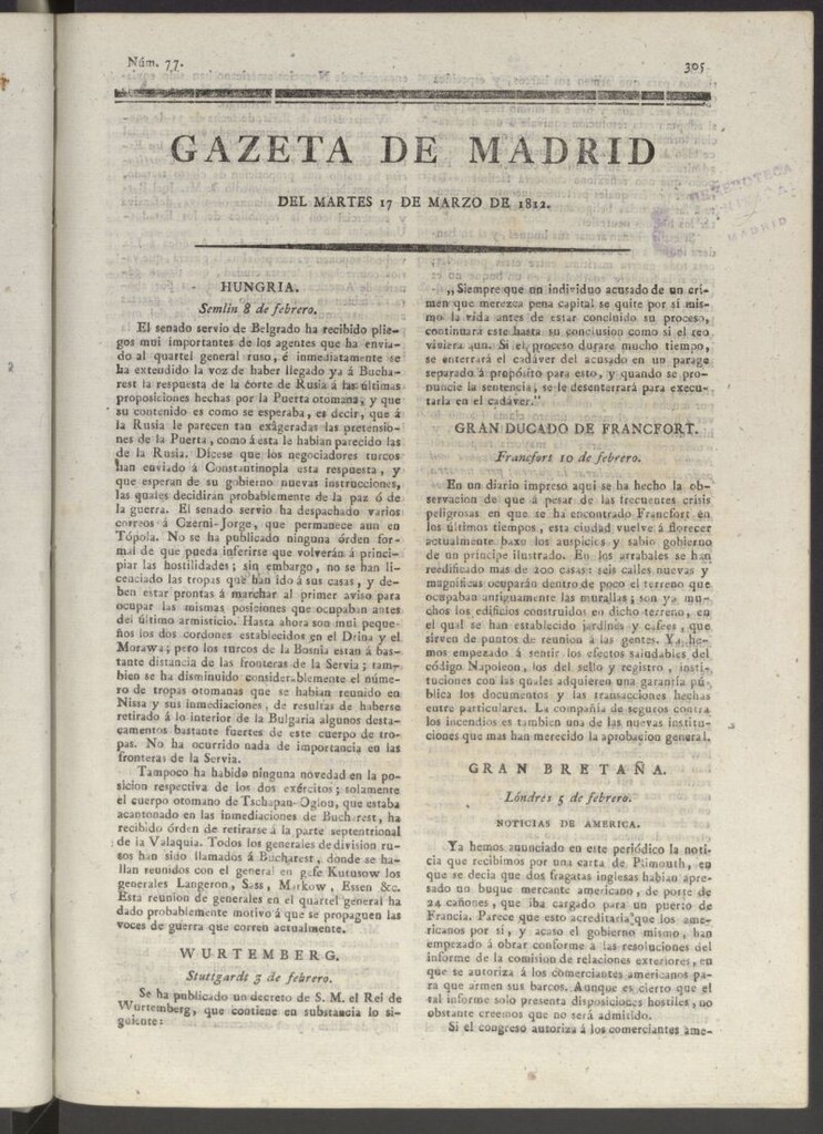 Miniatura de Gaceta de Madrid del 17 de marzo de 1812