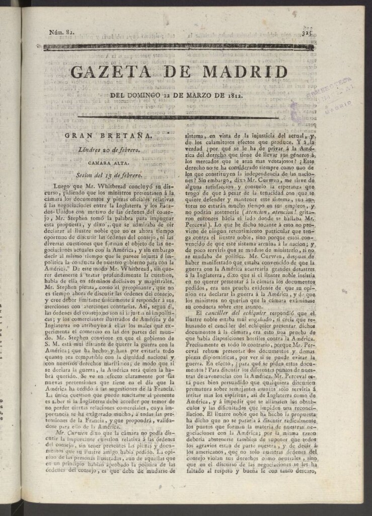 Miniatura de Gaceta de Madrid del 22 de marzo de 1812