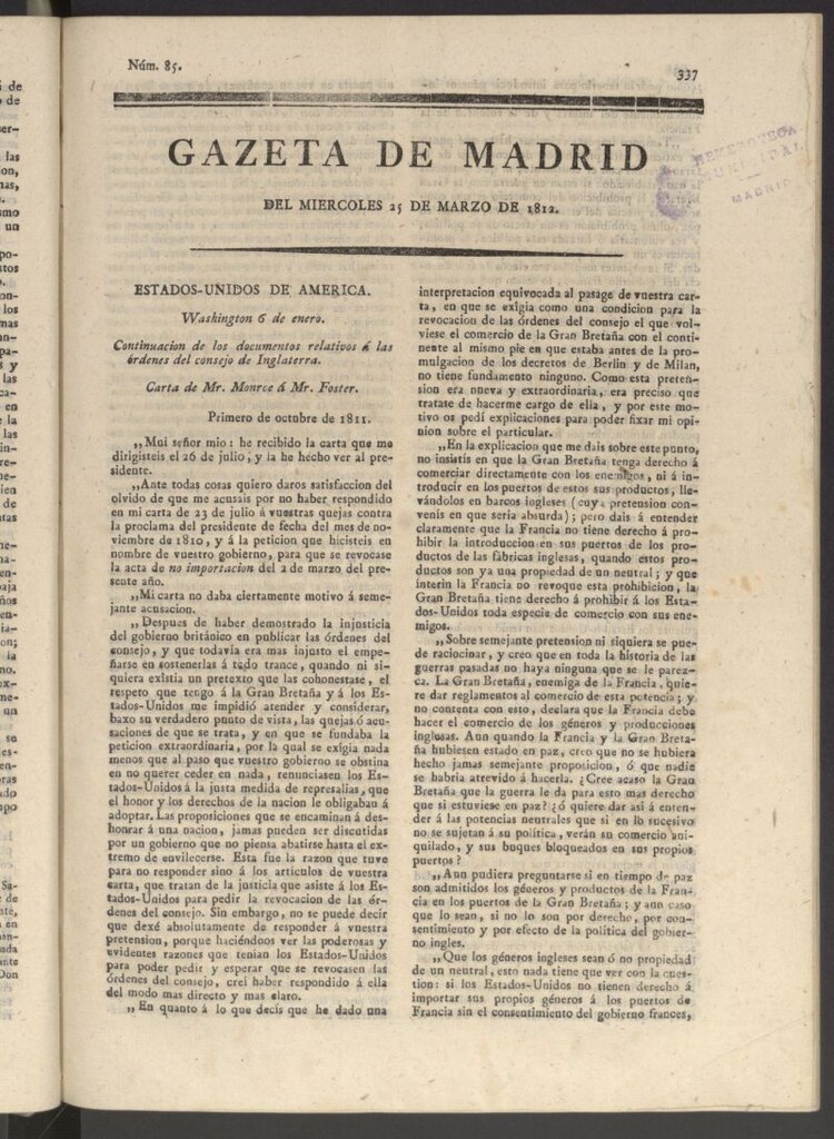 Miniatura de Gaceta de Madrid del 25 de marzo de 1812