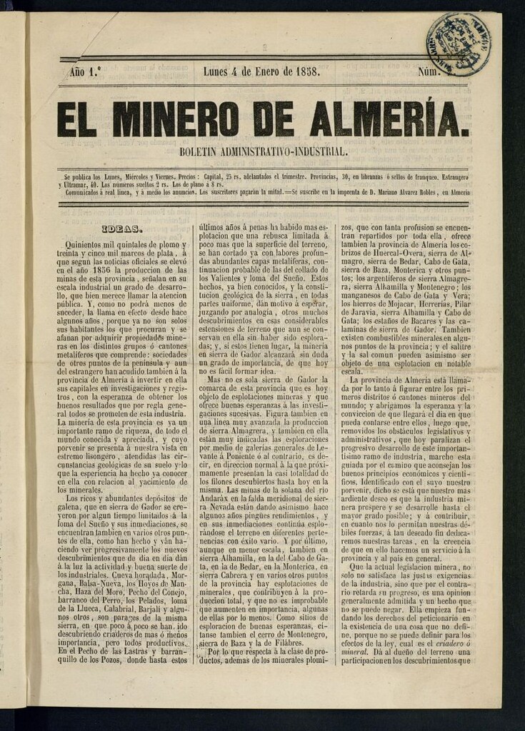 Miniatura de El Minero de Almería : boletín administrativo-industrial del 4 de enero de 1858
