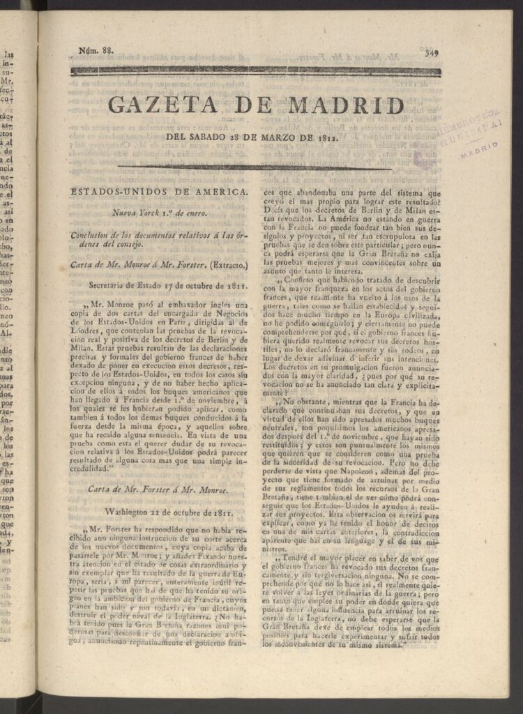 Miniatura de Gaceta de Madrid del 28 de marzo de 1812