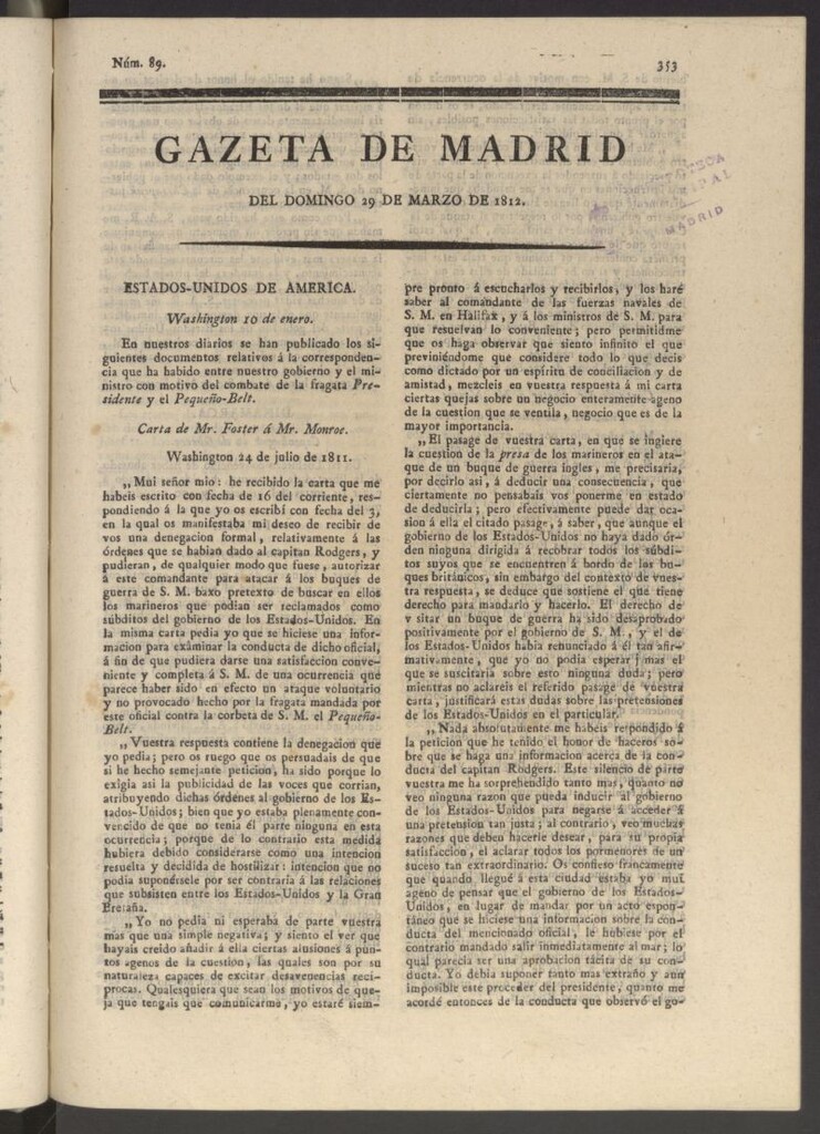 Miniatura de Gaceta de Madrid del 29 de marzo de 1812